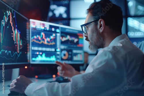 focused financial analyst tracking stock market trends on multiple screens with colorful data visualizations in a dark office.