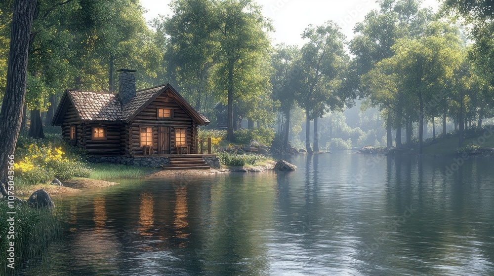 Tranquil lakeside cabin surrounded by lush greenery. Tranquil lakeside cabin surrounded by lush greenery.