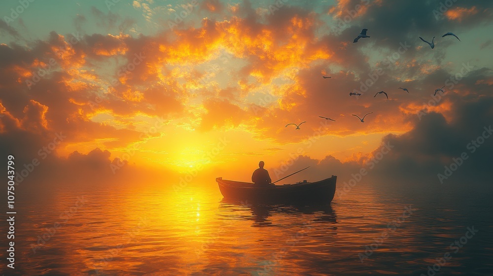 A serene sunset scene with a lone fisherman in a boat. A serene sunset scene with a lone fisherman in a boat.
