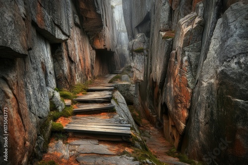 Szczeliniec Wielki, Poland, rock walls on both sides of the sandstone tourist route