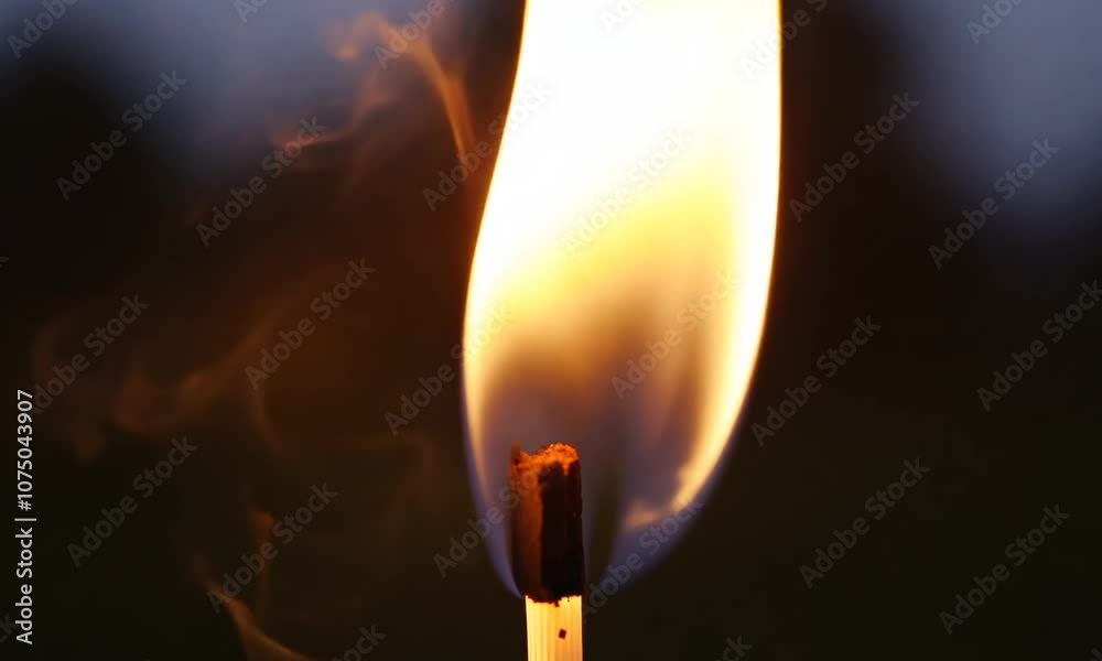 Closeup of burning matchstick with bright flame against dark background, intense and dramatic light source concept Closeup of burning matchstick with bright flame against dark background, intense and dramatic light source concept