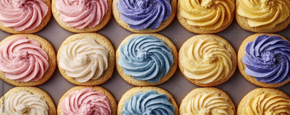 Colorful cupcakes with swirled frosting in various pastel shades arranged neatly. Colorful cupcakes with swirled frosting in various pastel shades arranged neatly.