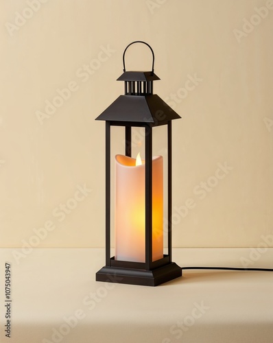 Flameless pillar lantern with flicker on a plain cream background