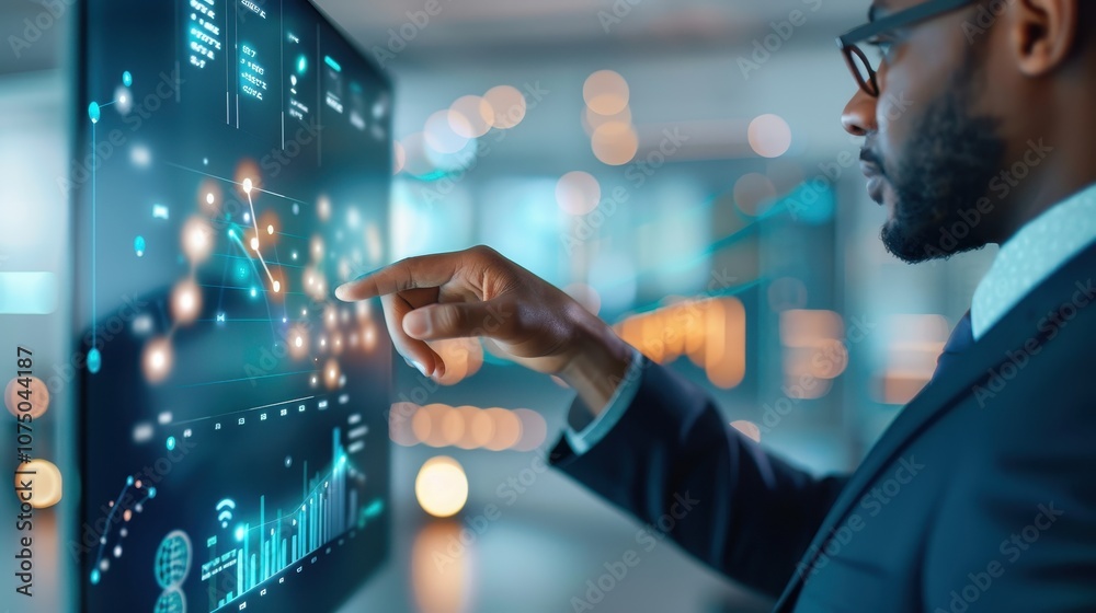 Business professional using a digital touchscreen displaying data visualizations and graphs, representing analysis and technology in a modern office. Business professional using a digital touchscreen displaying data visualizations and graphs, representing analysis and technology in a modern office.