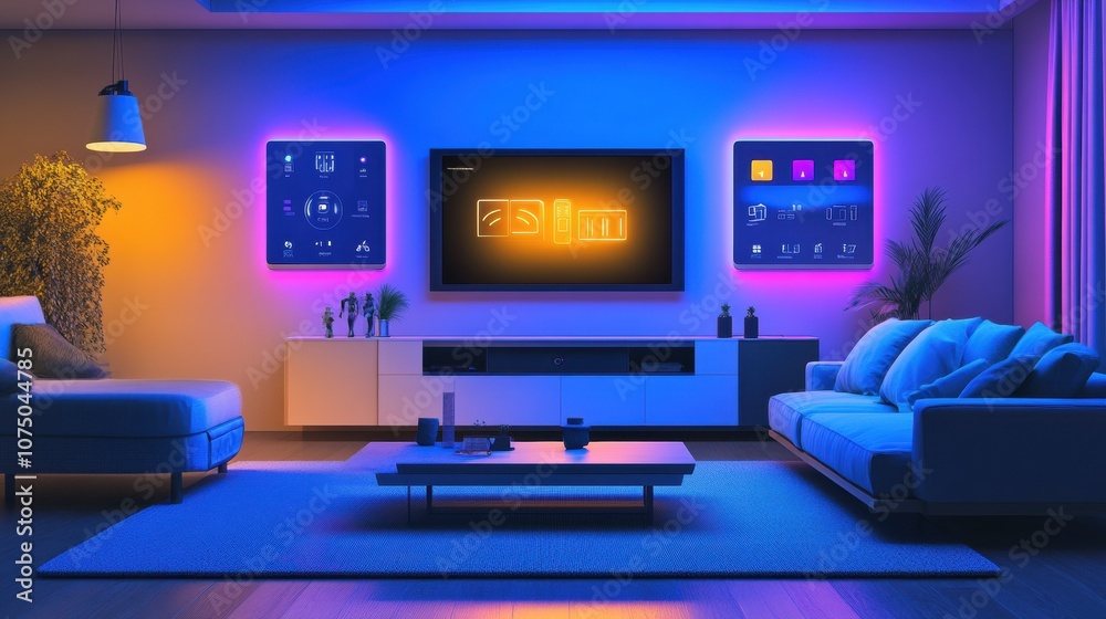This living room showcases ambient smart lighting and touch panels, setting a vibrant mood for relaxation and entertainment. Generative AI