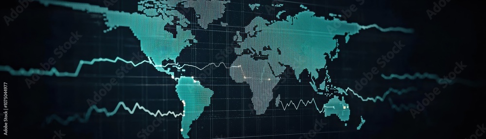 A detailed world map with a digital overlay showcasing data trends, analyses, and global connectivity in a modern aesthetic.