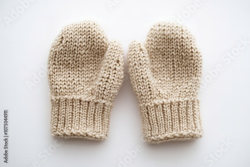 Knit mittens on white background, simple and warm