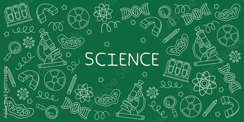 Hand drawn science and chemistry doodle with green background