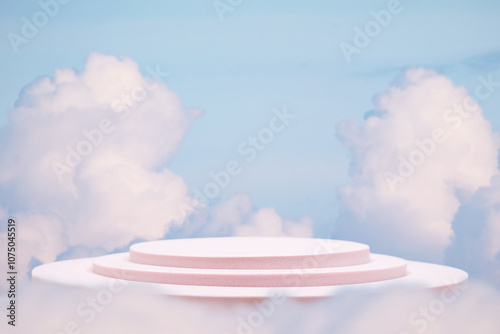 Minimal podium table top in outdoor on blue sky pink pastel soft cloud background.Beauty cosmetic product placement pedestal present promotion stand display,surreal paradise dreamy concept.