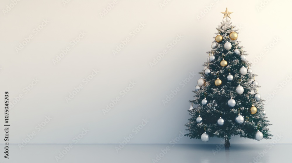 A decorated Christmas tree with ornaments and a star on top against a plain background. A decorated Christmas tree with ornaments and a star on top against a plain background.