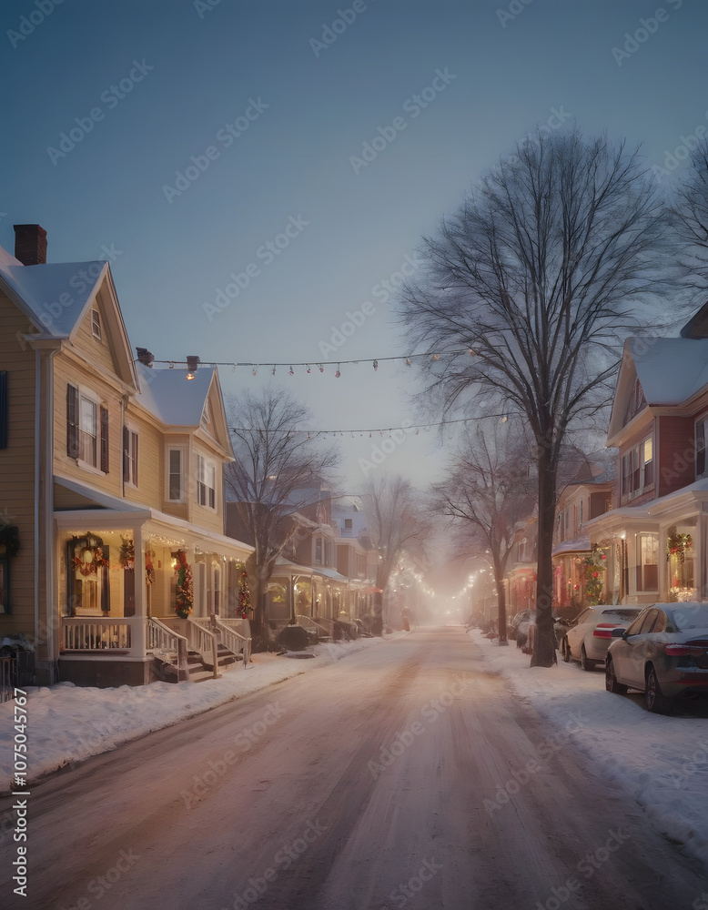Fototapeta premium Snow-covered neighborhood with festive lights and Christmas decorations under a twilight sky