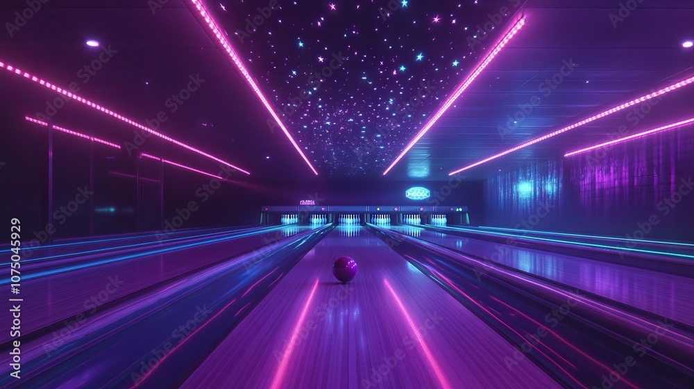 Neon-Lit Bowling Alley with Glowing Stars. AI generated illustration Neon-Lit Bowling Alley with Glowing Stars. AI generated illustration