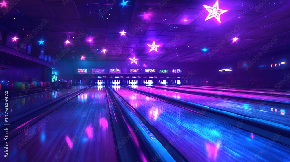 Neon-Lit Bowling Alley with Glowing Stars. AI generated illustration Neon-Lit Bowling Alley with Glowing Stars. AI generated illustration