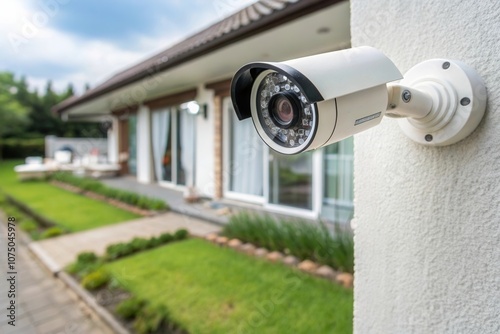 A white security camera is mounted on the external wall of a house, overlooking a well maintained garden. The setting features lush greenery and a cozy outdoor area, creating a serene residential atmo photo