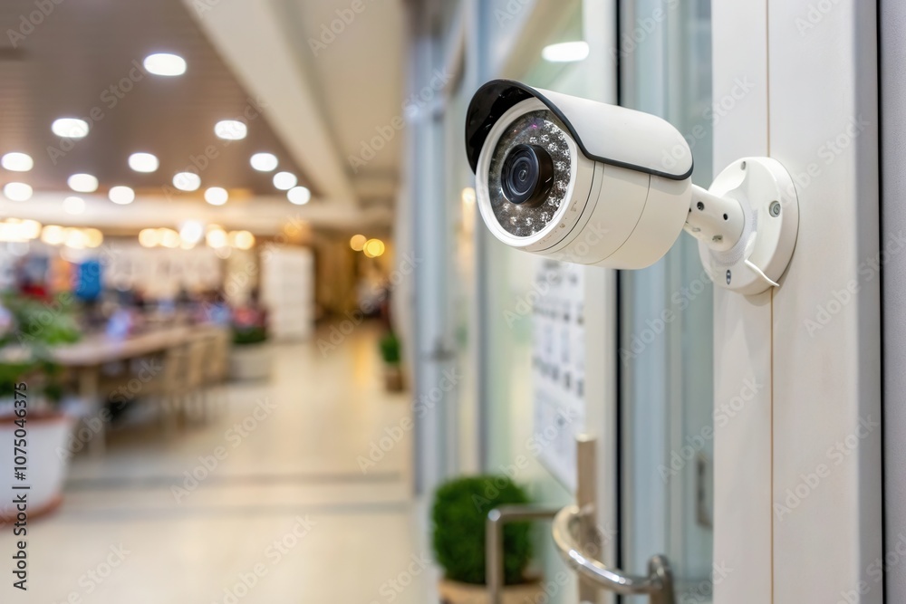A security camera is positioned at the entrance of a contemporary interior space. The background features a well lit area with soft furnishings and plants, creating an inviting atmosphere while ensuri A security camera is positioned at the entrance of a contemporary interior space. The background features a well lit area with soft furnishings and plants, creating an inviting atmosphere while ensuri