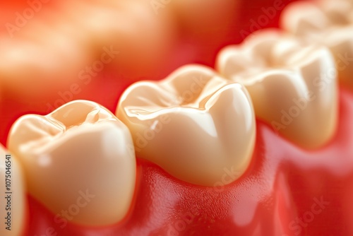 Close-up of realistic dental model teeth on a red gum base