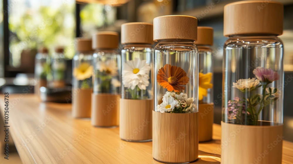 Close-Up of Glass Water Bottles with Flowers in a Modern Spa. AI generated illustration Close-Up of Glass Water Bottles with Flowers in a Modern Spa. AI generated illustration