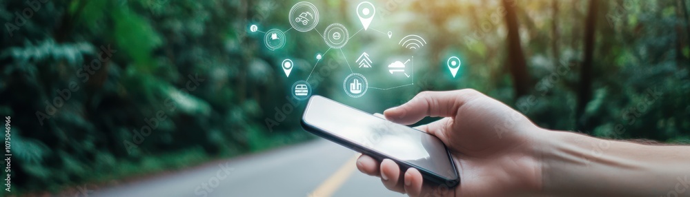 A hand holding a smartphone with app icons against a natural backdrop. A hand holding a smartphone with app icons against a natural backdrop.