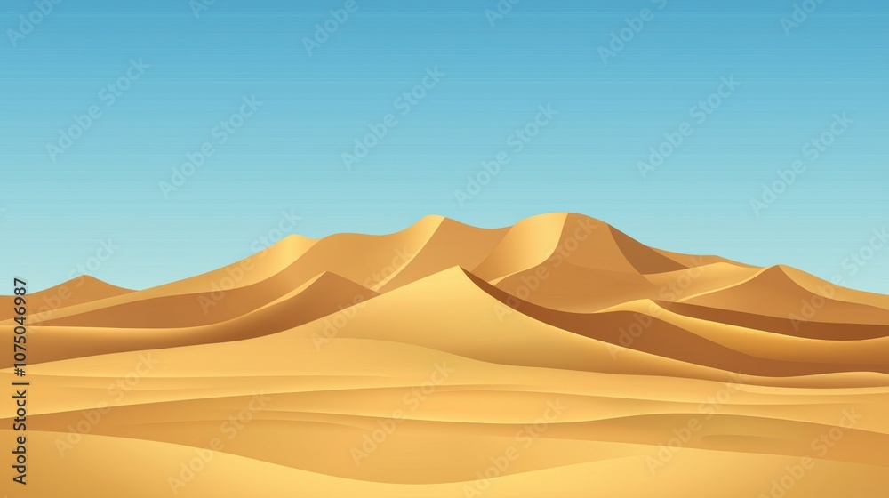 A vast desert landscape featuring golden sand dunes under a clear blue sky, capturing the tranquil beauty of nature's arid regions. A vast desert landscape featuring golden sand dunes under a clear blue sky, capturing the tranquil beauty of nature's arid regions.