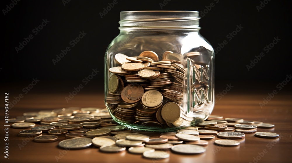 Coins spilling out of a jar labeled savings, emphasizing the importance of saving money Coins spilling out of a jar labeled savings, emphasizing the importance of saving money