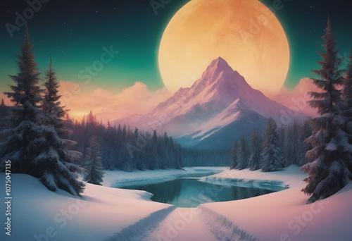 Snow-covered winter landscape with a glowing full moon, serene mountain and reflective lake under a vibrant sky