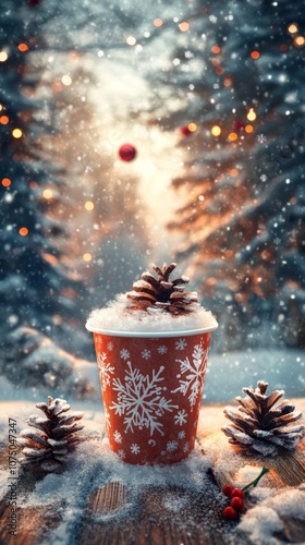 Stock image of a festive scene with a cup decorated with snowflake patterns, snowy forest with light mist in the background, space for text above photo