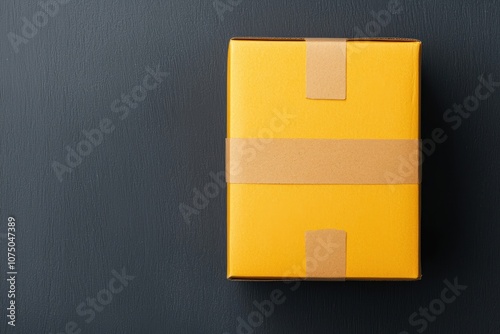 A neatly packaged yellow box with brown tape on a dark textured surface, perfect for shipping, gifts, or e-commerce needs. photo