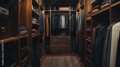 Masculine Modern Walk-in Closet with Dark Wood and Accessories. AI generated illustration