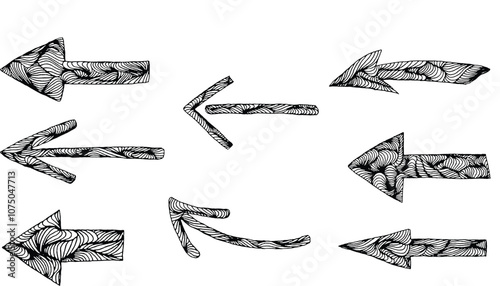 Flechas aisladas. Dibujo artístico hecho a mano. Vector.