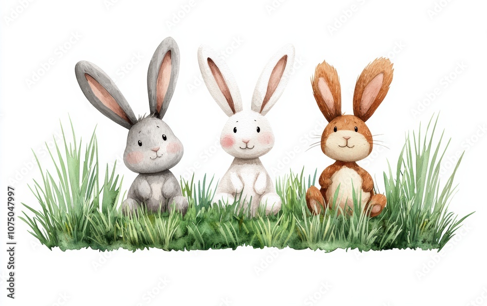 A charming illustration of three adorable rabbits sitting in green grass, perfect for spring or Easter themes. A charming illustration of three adorable rabbits sitting in green grass, perfect for spring or Easter themes.