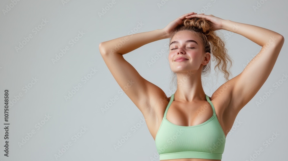 Fototapeta premium Joyful young woman in a green sports bra poses confidently, embodying fitness and vitality against a neutral backdrop, capturing strength and happiness.
