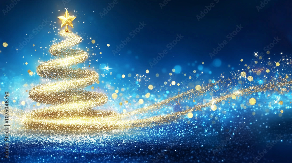Glowing golden Christmas tree with sparkling glitter effect on a soft abstract blue background filled with starry sky and bokeh lights, representing a festive holiday scene perfect for New Year’s cele Glowing golden Christmas tree with sparkling glitter effect on a soft abstract blue background filled with starry sky and bokeh lights, representing a festive holiday scene perfect for New Year’s cele
