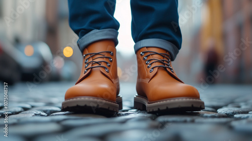 Stylish brown boots on cobblestone street, showcasing urban fashion and comfort.