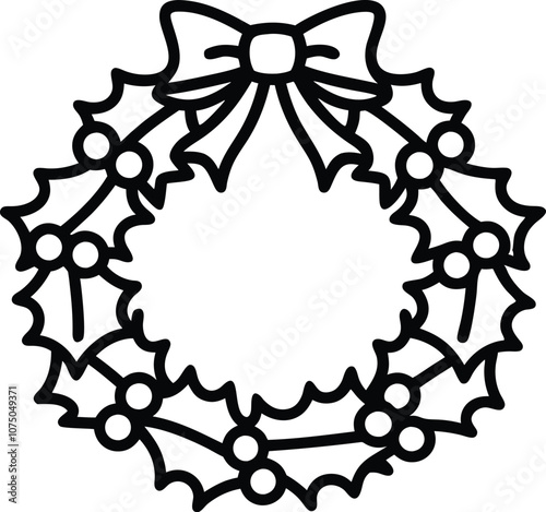 hand drawn christmas wreath, line art Christmas wreath vector