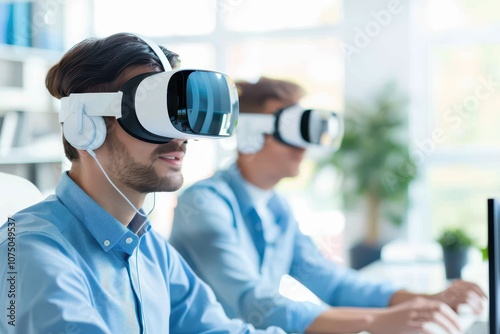 Two young professionals wearing virtual reality headsets, exploring immersive digital content while working in a modern office setting.