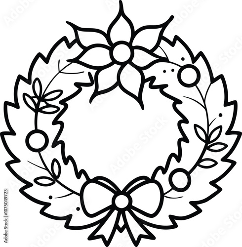 hand drawn christmas wreath, line art Christmas wreath vector