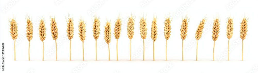 Naklejka premium A row of golden wheat stalks against a clean white background, symbolizing harvest, agriculture, and natural beauty.