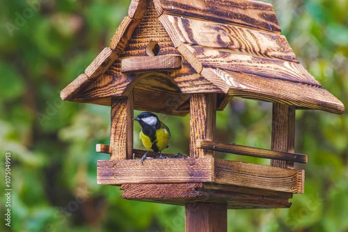 Obraz ptaki w karmniku zimą i karmnik z drewna w kształcie chaty