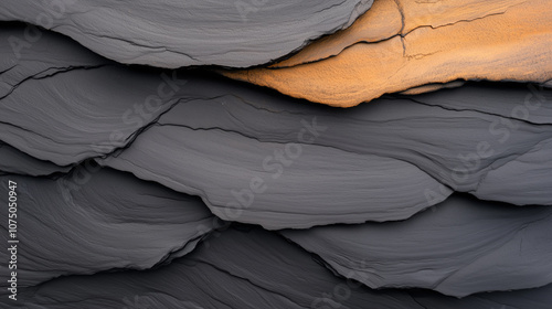 Textured layers of dark gray and orange rock formations create striking visual contrast, showcasing beauty of natural geology.