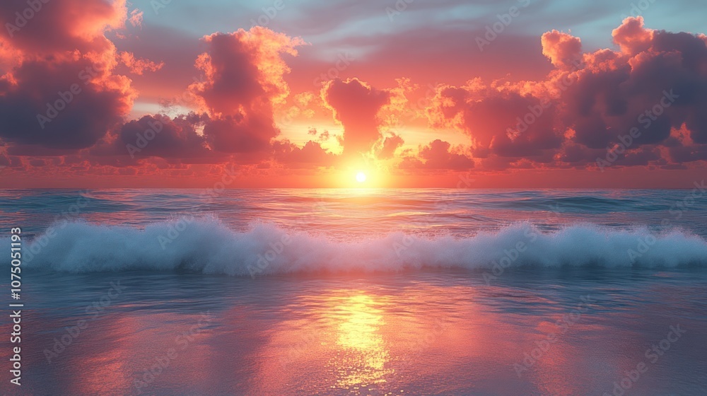 Fototapeta premium Serene sunset over ocean waves with colorful clouds.
