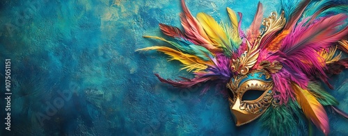 Vibrant Mardi Gras Background with Colorful Feathers and Mask. AI generated illustration