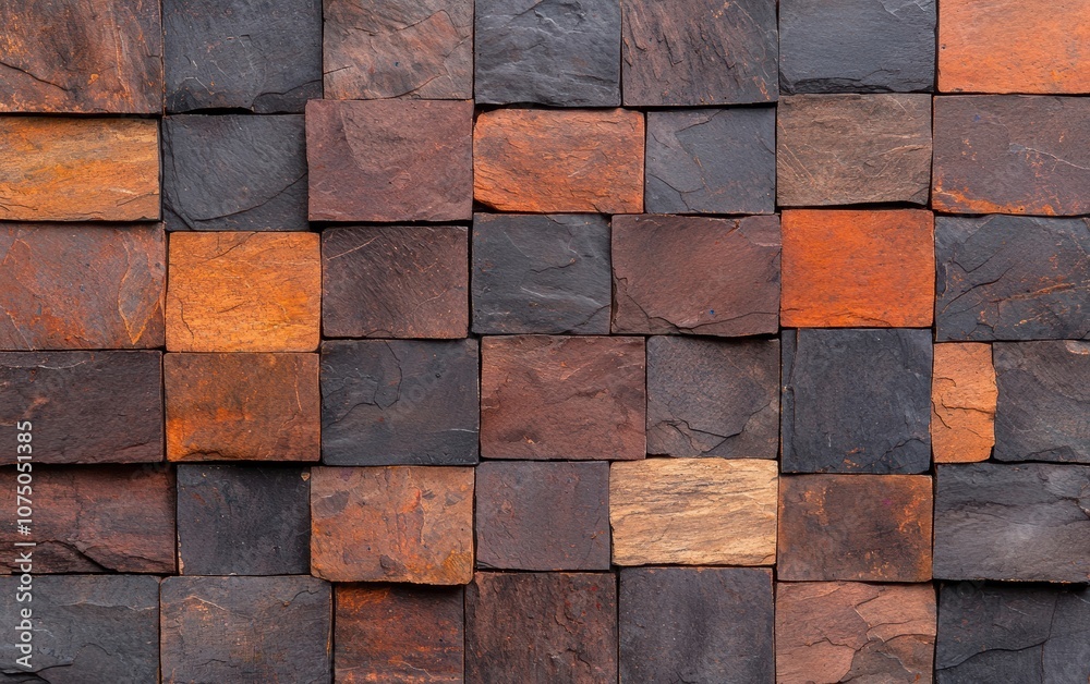 A textured wall featuring an intricate mosaic of earthy slate tiles in various shades of brown, gray, and orange, ideal for interior design. A textured wall featuring an intricate mosaic of earthy slate tiles in various shades of brown, gray, and orange, ideal for interior design.