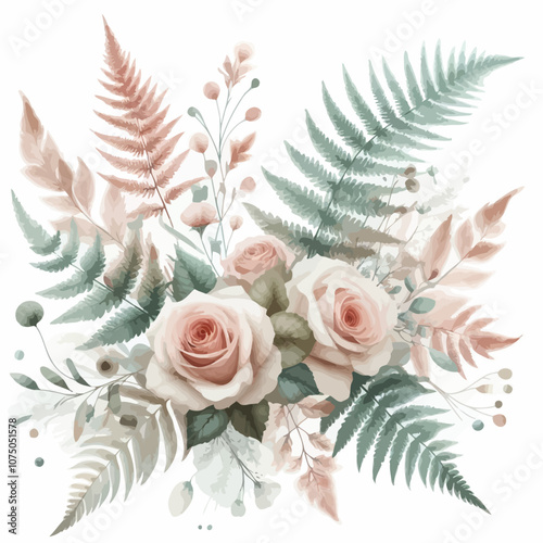 Elegant boho design of ferns and roses in soft blush and mint watercolor shades vector