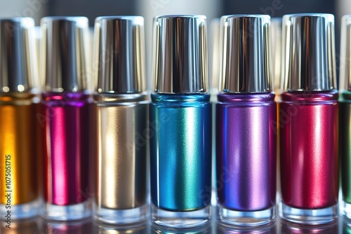Bright colorful nail polish bottles in a row