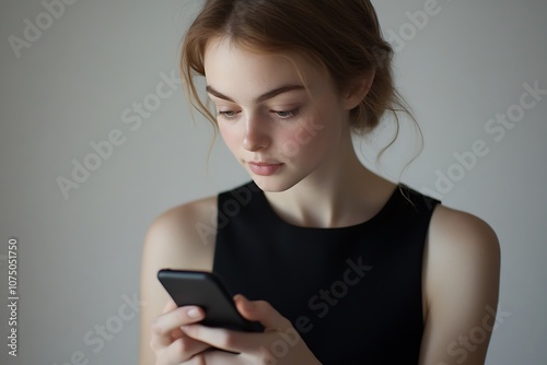 A young woman in a black dress is intently focused on her smartphone, conveying a sense of concentration and modern lifestyle.