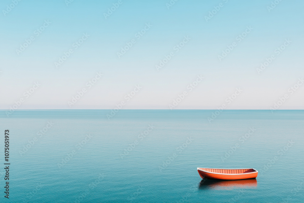 A tranquil scene featuring a solitary orange boat on calm blue waters. A tranquil scene featuring a solitary orange boat on calm blue waters.