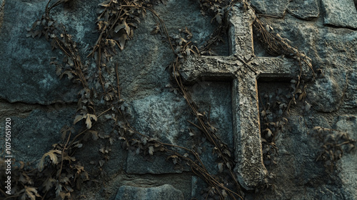 A cross etched into weathered stone, covered by gentle vines, symbolizing grace enduring through time. photo