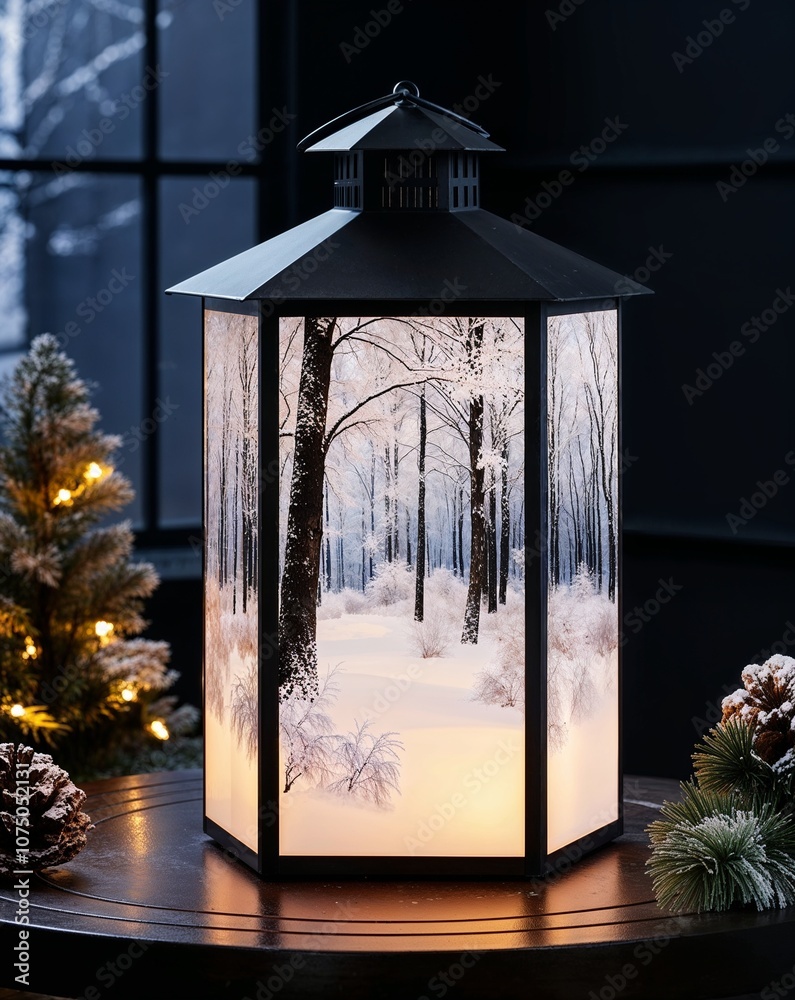 Lantern with frosty winter forest scene softly glowing in a dark room Lantern with frosty winter forest scene softly glowing in a dark room