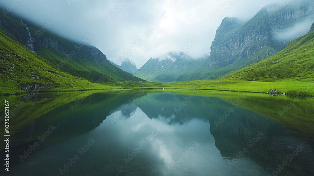 Close view of a serene landscape reflected in a still lake, evoking calm and divine presence. Close view of a serene landscape reflected in a still lake, evoking calm and divine presence.