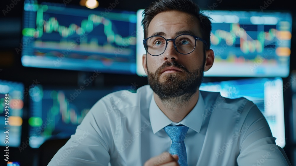 Obraz premium Focused financial analyst in glasses and tie observing stock market data on multiple monitors, analyzing trends in a professional trading setup.